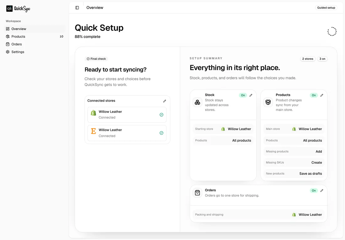 The setup summary